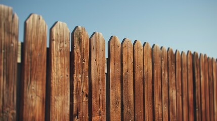 A redwood fence with a natural finish, standing tall against a clear sky.