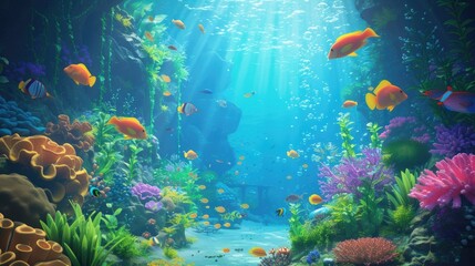 Naklejka premium Vibrant underwater seascape with fish A peaceful underwater scene with smiling fish and bubbly corals