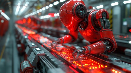 AI in manufacturing, robotic arms assembling products on a production line.  Futuristic Red Robot Working in a High-Tech Factory for Technology and Industrial Themes.