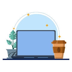 Laptop concept with coffee cup and potted plant illustration. work set with laptop and coffee. the arrangement is neat and comfortable. works with llaptop and coffee. flat vector illustration.