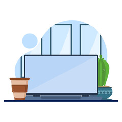 Laptop concept with coffee cup and potted plant illustration. work set with laptop and coffee. the arrangement is neat and comfortable. works with llaptop and coffee. flat vector illustration.