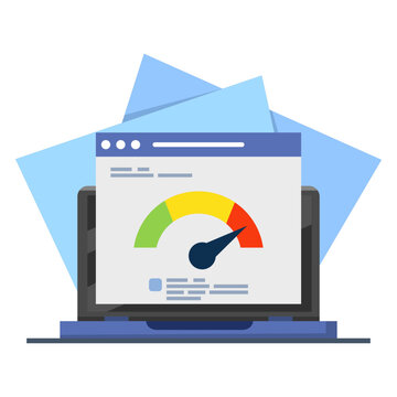 pc load time speedometer software tool concept for download score. Website internet page loading speed or seo optimization laptop computer website performance test check flat vector icon.