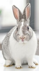 Obraz premium A brown rabbit sits on a white towel, looking away from the camera as a veterinarian out of focus, wearing a white lab coat and stethoscope, examines the animal