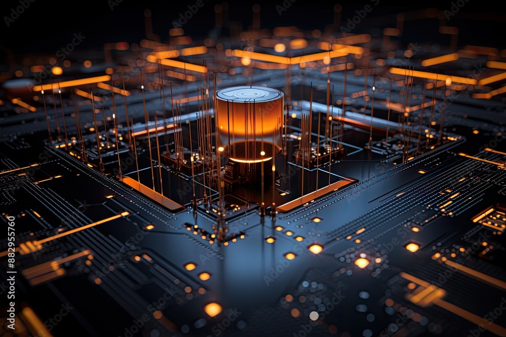 Aufkleber Glowing futuristic circuit board A quantum computer exploring complex computations