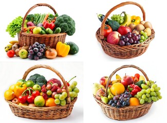 Fruit and vegetable basket with variety of organic products isolated on white background