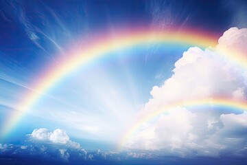 Vibrant luminous rainbow against a blue sky A rainbow arching across the sky after a refreshing rain