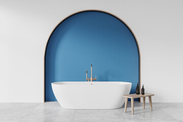 Modern white bathtub with wooden fixtures in front of a blue arched accent wall, minimalist interior, light setting, bathroom design concept. 3D Rendering