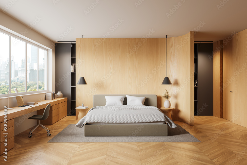 Wall mural wooden hotel bedroom interior with sleep and workplace, panoramic window