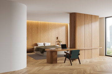 Cozy hotel bedroom interior with work and sleep zone, panoramic window