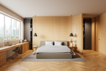 Wooden hotel bedroom interior with sleep and workplace, panoramic window