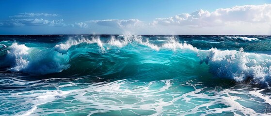 The ocean is blue and the waves are crashing