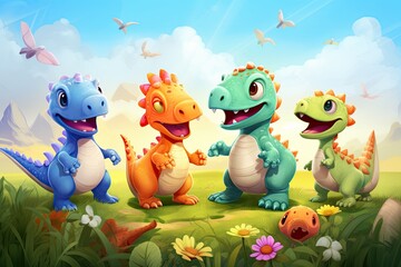 Three cheerful cartoon dinosaurs Cute illustration of baby dinosaurs playing together in a field