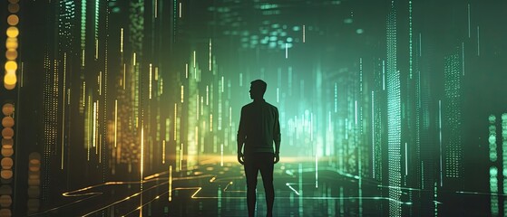 Silhouetted figure futuristic green matrix A double exposure capturing the essence of photography