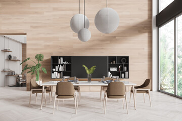 Wooden home living room interior with table and chairs, shelf and window