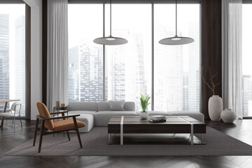 Stylish home living room interior with relaxing and dining zone, window