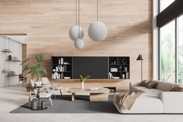 Wooden home living room interior with sofa and armchair, panoramic window