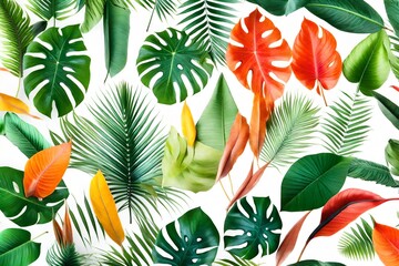 Naklejka premium Creative layout made of colorful tropical leaves on white background. Minimal summer exotic concept with copy space.