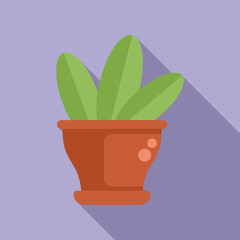 Green plant is growing in a clay pot, isolated on a purple background