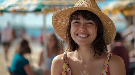 Smiling woman wearing hat, enjoying a sunny day at the beach with colorful umbrellas in the background. Perfect summer joy.