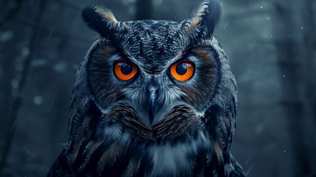 Majestic owl with piercing orange eyes in a dark forest setting. This AI-generated image captures the mystery and strength of the wise bird.