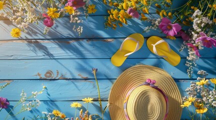 Summer scene with yellow flip-flops, straw hat and wildflowers on blue wooden background