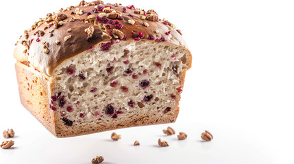 Delicious Homemade Cranberry Walnut Bread, Detailed Close-up for Bakery Product Promotion, on White Background