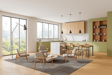 Green home studio interior with relaxing and cooking space, panoramic window