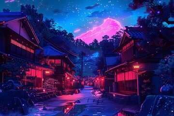 a drawing of a village at night in a utopian future, styled with neon colors and synthwave cyberpunk themes