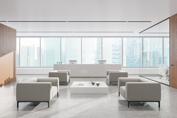 Office interior with reception, waiting space, meeting room and panoramic window