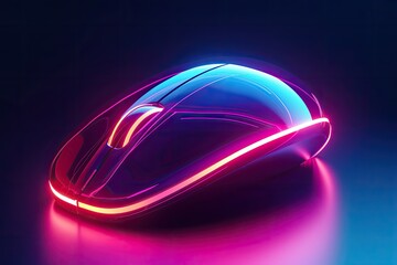 Glowing neon-lit wireless mouse Stylized computer mouse in 3D rendering