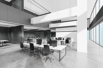 Stylish office room interior with coworking and conference room, window