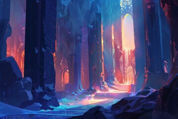 Mystical temple ruins with glowing blue river and bright orange portal