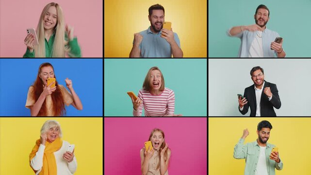 Collage of smiling happy people portraits diverse gender, different ages, ethnicity. Men women use mobile smartphone celebrating win good message news, lottery game jackpot victory. Zoom out effect