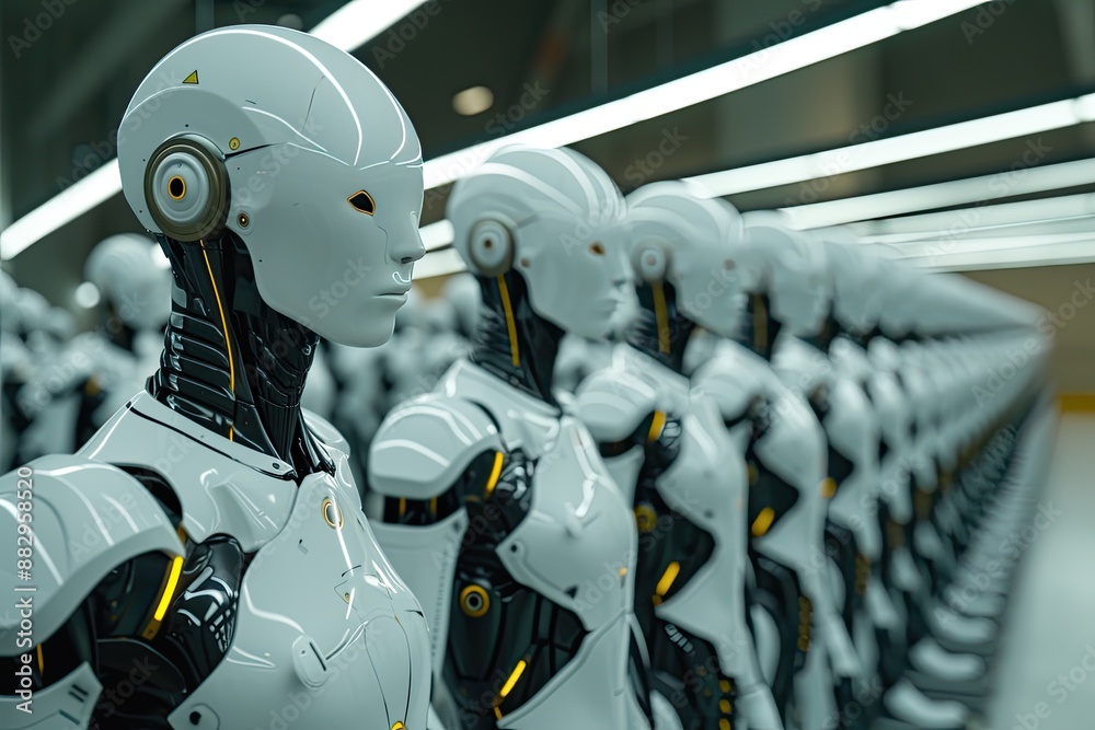 Poster futuristic robotic mannequin heads synthetic humans co-existing with real humans in a futuristic soc