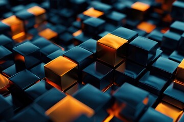 Abstract 3D Render of Golden and Blue Cubes