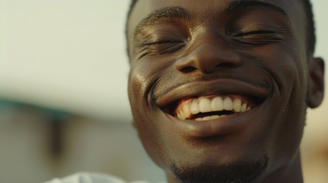 A close-up shot of a happy man smiling with his eyes closed, conveying a sense of contentment