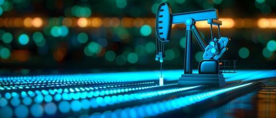 Hightech oil well, robotic arms extracting petroleum, augmented reality overlays, blue and green neon lights, industrial setting, futuristic style, digital art