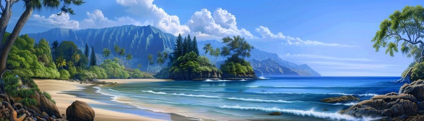 A beautiful beach scene with a small island in the middle of the ocean