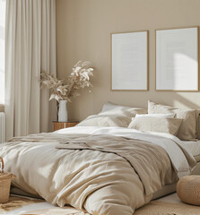 Minimalist Bedroom Interior with Beige Bedding and Pampas Grass.