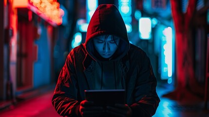 Fototapeta premium Stealthy AI Hacker in Dark Alley - Portable Device Illuminated by Neon Lights