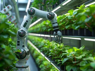 Automated Vertical Farm with Robotic Arms Tending to Hydroponic Plants in High Tech Greenhouse