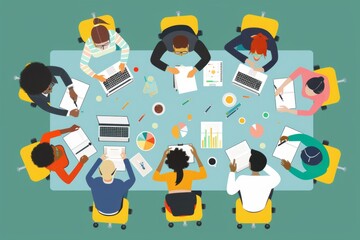 illustration showing a diverse team of individuals brainstorming and collaborating around a table, highlighting creativity, teamwork, and inclusivity within a corporate setting.