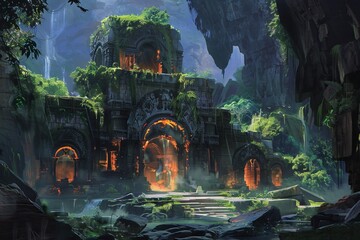 Fototapeta premium Ancient temple ruins overgrown by jungle vegetation in a mystical fantasy world