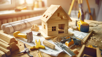 Miniature Wooden House Model on Construction Blueprints with Tools in Sunlit Workshop