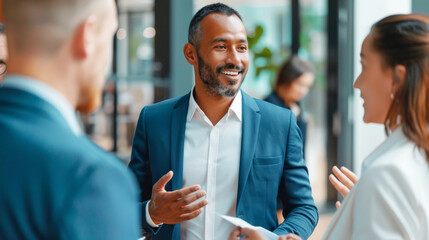 Business Professionals Engaging in a Lively Discussion in a Modern Office Environment
