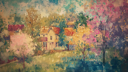 Spring Village - Vintage Painting, Rustic Art, Seasonal, Cottage core, Country, Antique