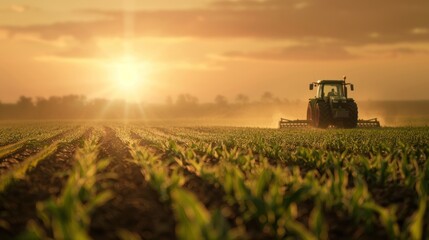 Fototapeta premium Tractor Working in a Field at Sunset