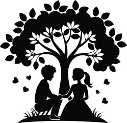 couple sitting under tree silhouette. couple, silhouette, tree, man, woman, background, young, love, people, female,landscape, template