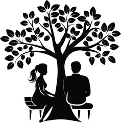 couple sitting under tree silhouette. couple, silhouette, tree, man, woman, background, young, love, people, female,landscape, template
