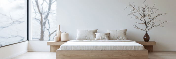 Minimalist bedroom interiors composition in neutral colors with a bed, natural lighting and minimal furniture. Rest conceptual image with copy space.